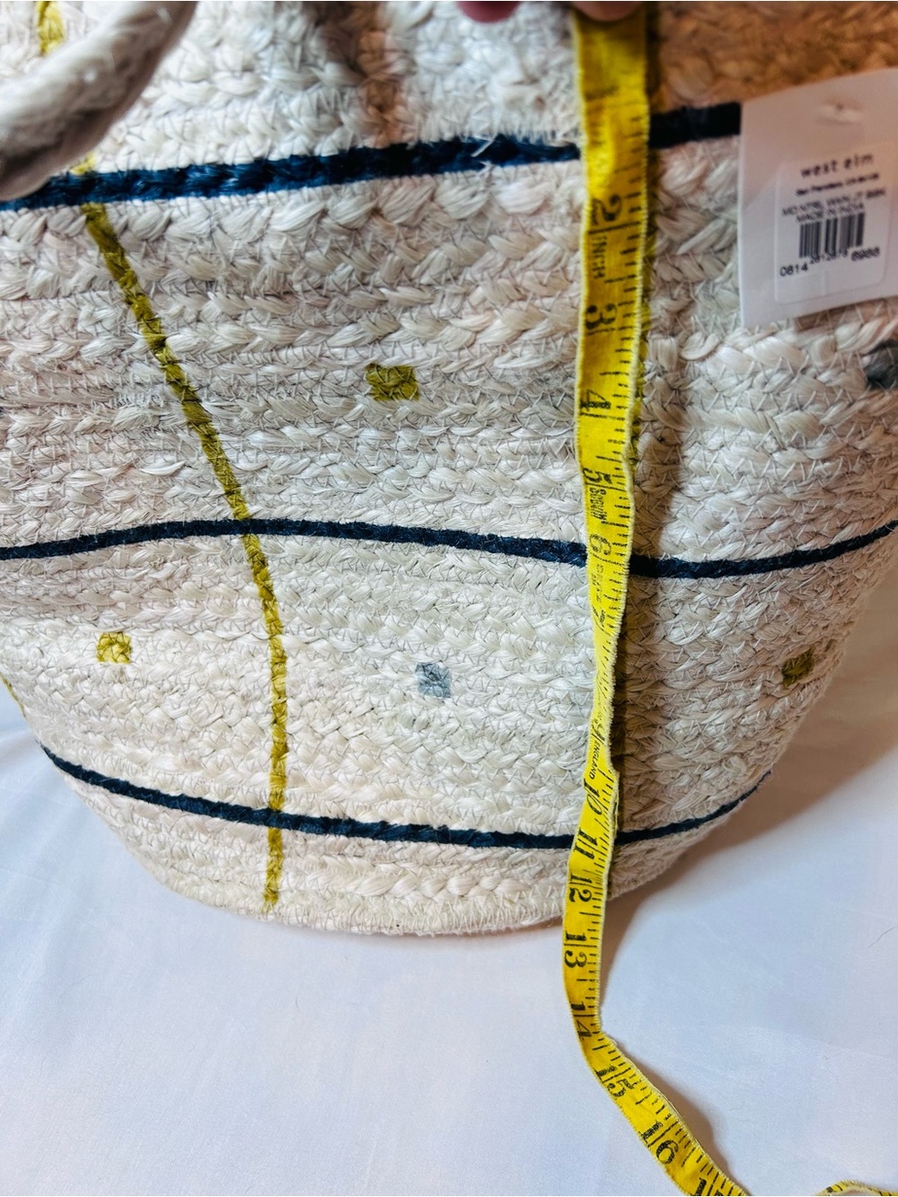 West Elm Jute Bag With Handles cream blue & yellow grid 12 Inches High NWT - Picture 6 of 6